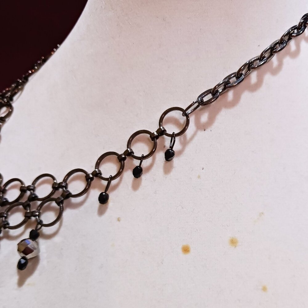 Handmade Gunmetal Rings Black Hematite Bead Bib Statement Necklace Tassel Fringe - Picture 7 of 12